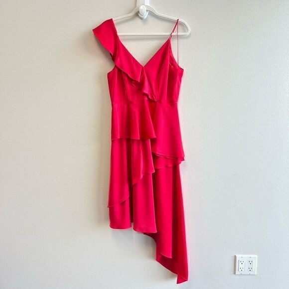 Aidan Mattox Women’s 10 Satin Red Charmeuse Asymmetrical Satin Dress Ruffle - Picture 1 of 13